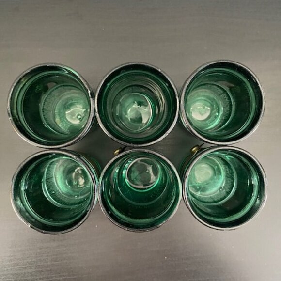 RARE! Vintage MCM Emerald Green Leather Banded Tumbler Glasses Set of 6 - Picture 6 of 14